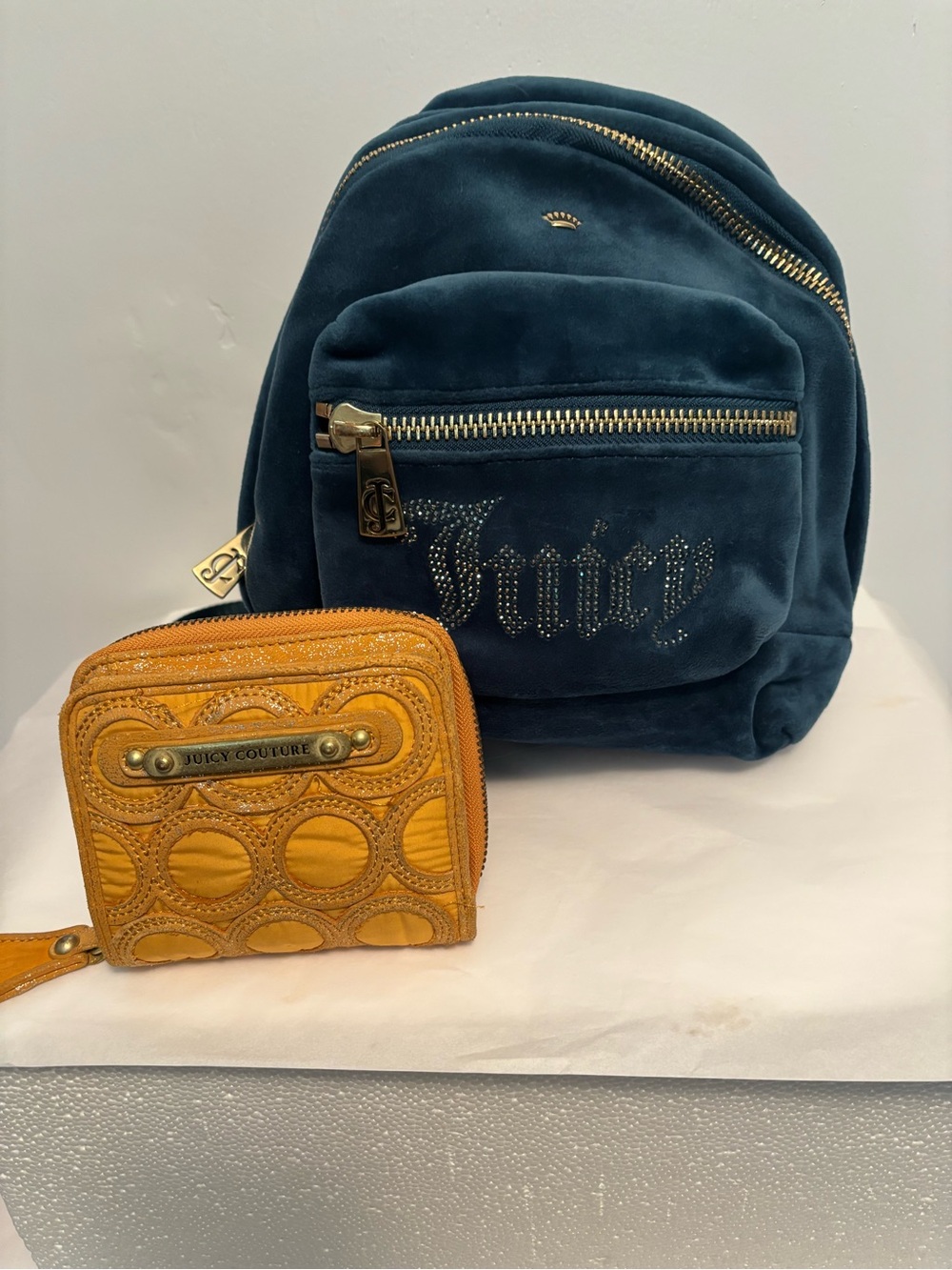 Juicy Couture Teal Velvet Mini Backpack with Mustard Zip Wallet
